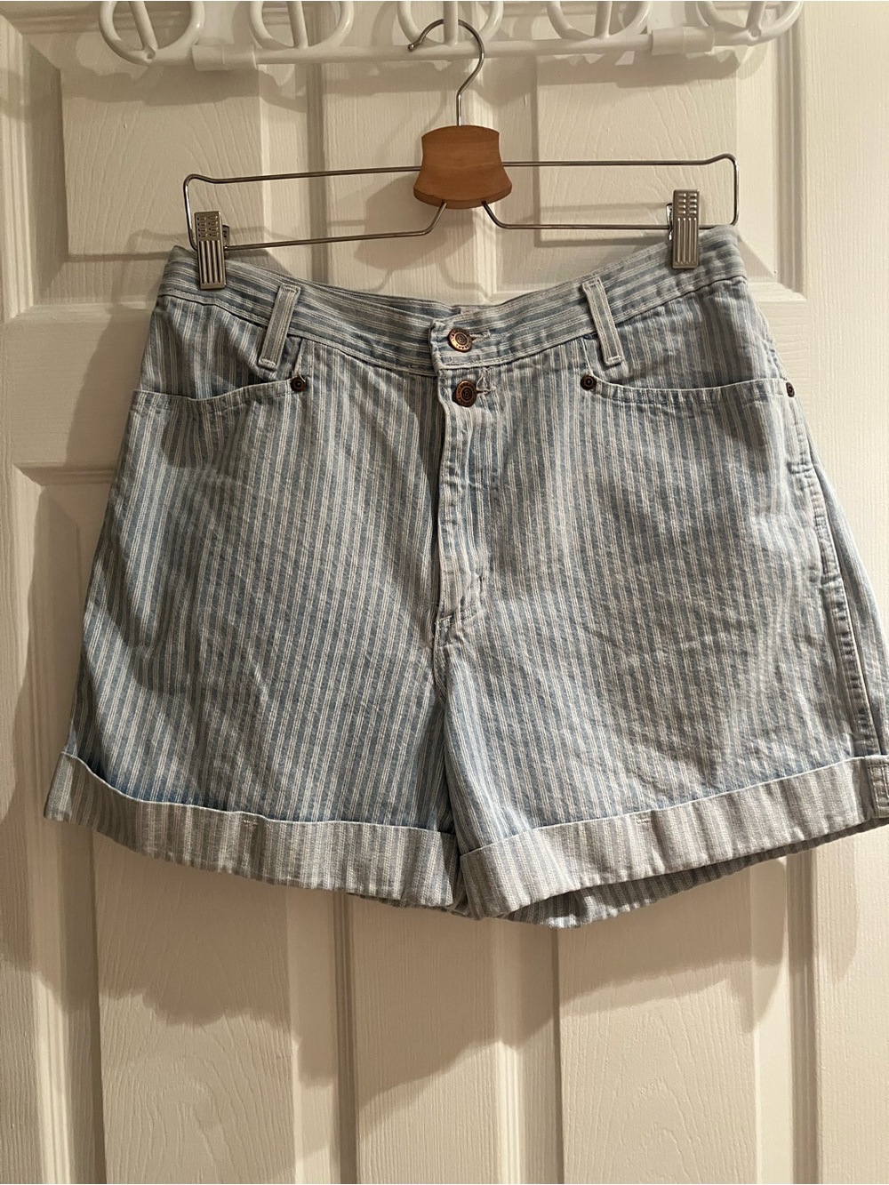 Vintage Light Blue Striped Denim Shorts